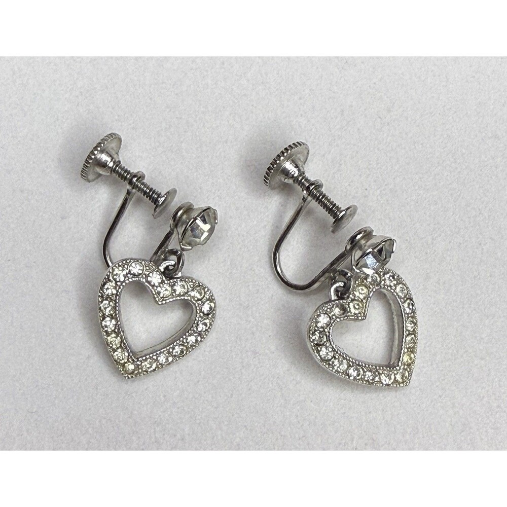 Vintage Designer Signed Weiss Clear Rhinestone Dangle Heart Screw Back Earrings